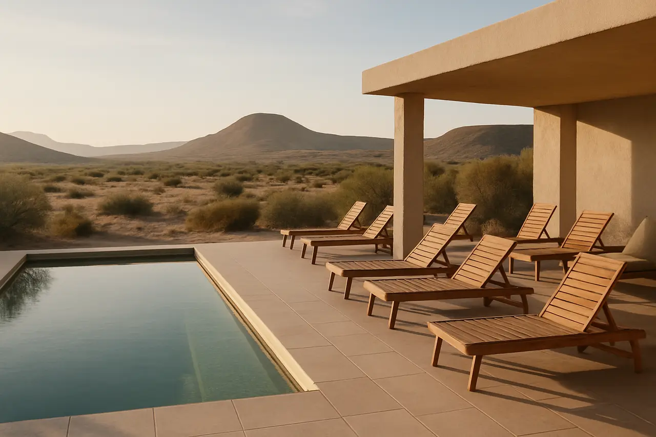 A quiet mid-sized wellness resort terrace with loungers, desert planting and a lap pool in morning light