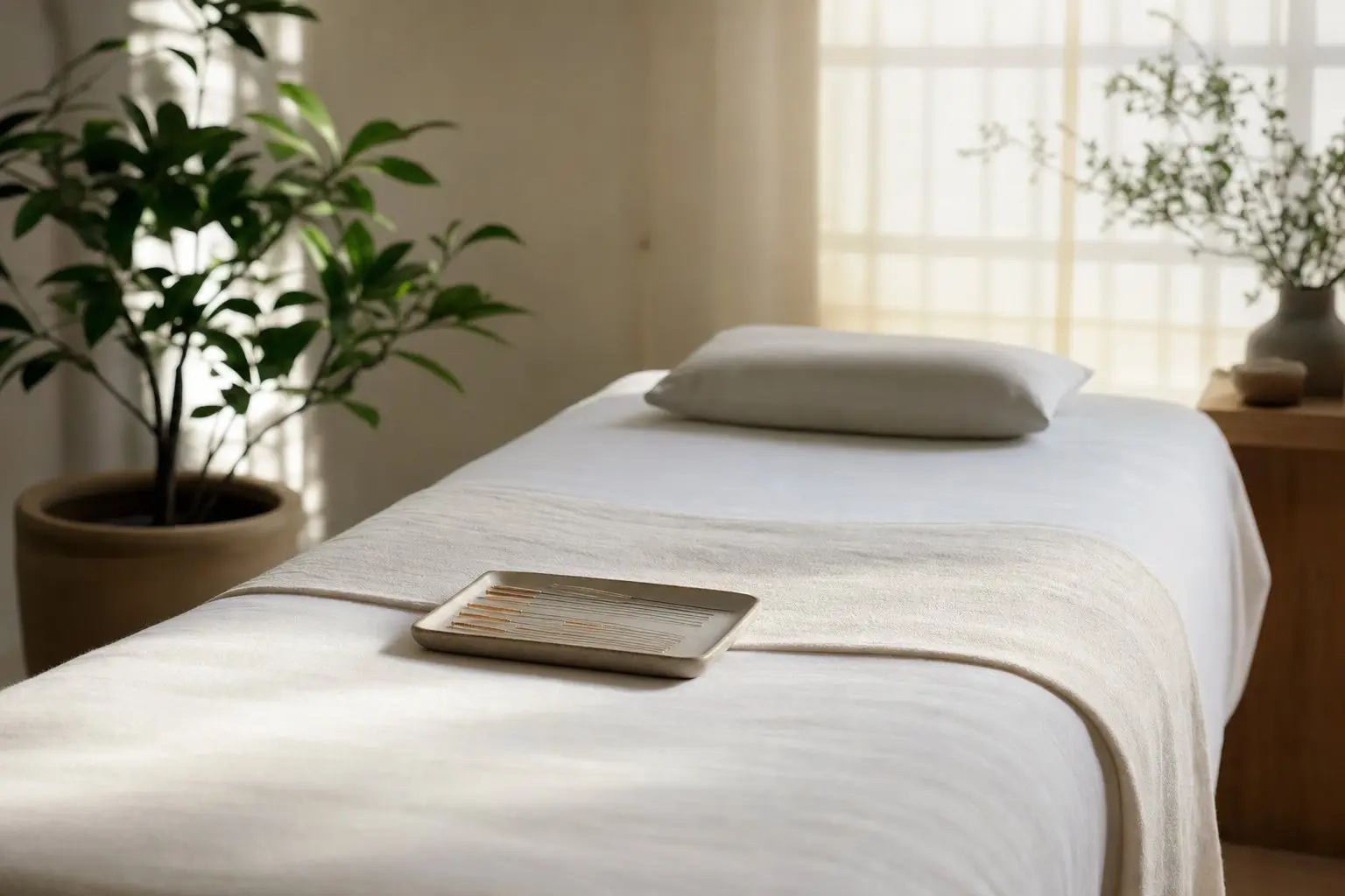 Acupuncture needles and a calm treatment table in a serene clinic room