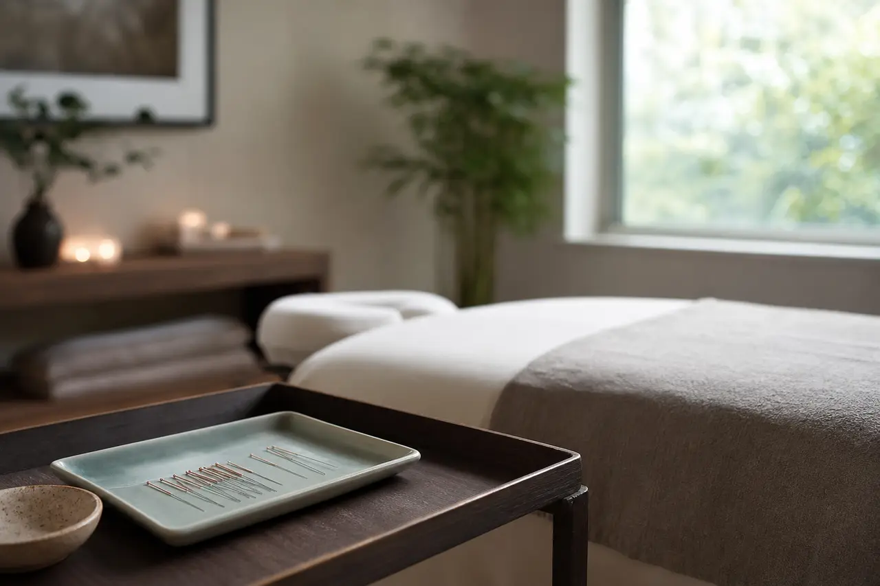 A calm treatment room with acupuncture needles on a tray beside a massage table