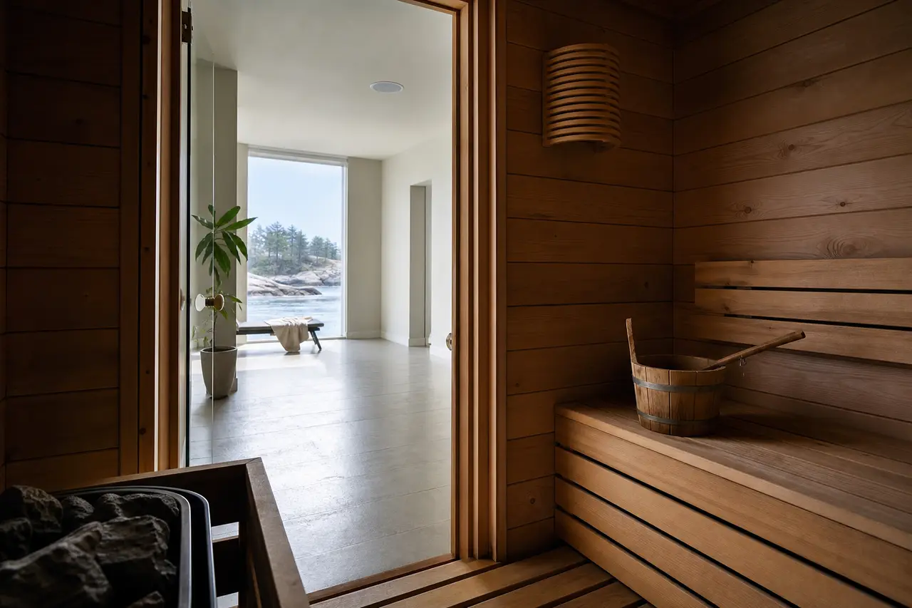 A sauna door standing open onto a bright cool room with daylight beyond