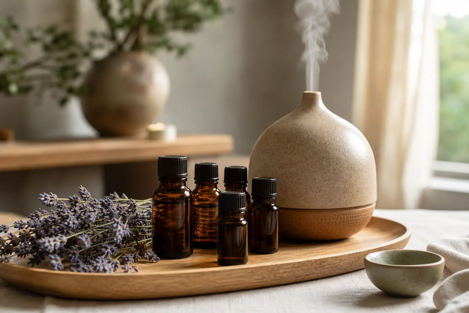 Small amber glass bottles of essential oils arranged on a wooden tray beside dried lavender and a ceramic diffuser in a calm, naturally lit wellness room
