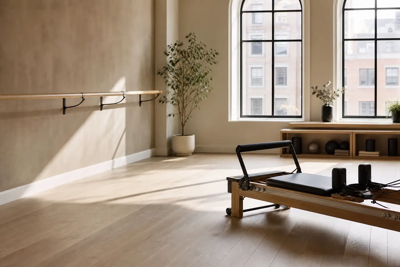 A studio with a ballet barre on one wall and a Pilates reformer on the other, calm daylight