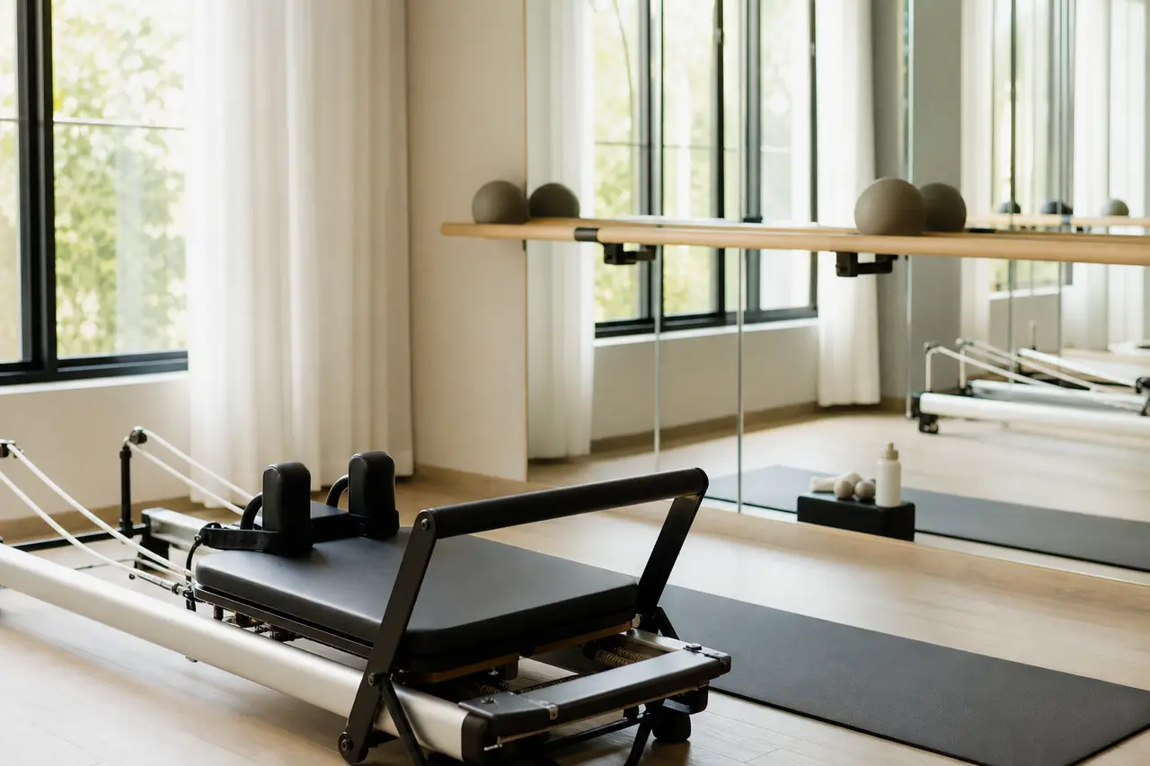 A studio with a Pilates reformer machine on one side and a ballet barre along the mirrored wall