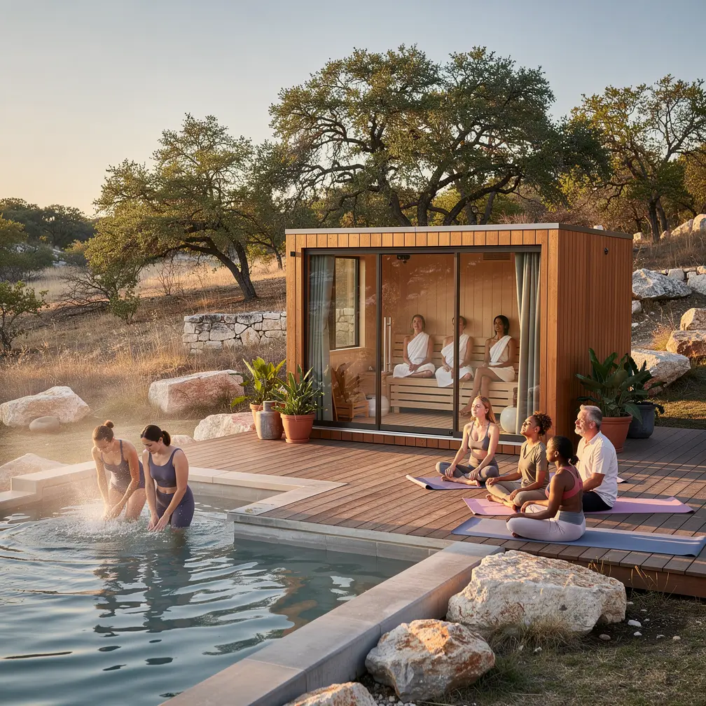 Illustration: a group doing breathwork on a deck beside a glass-front sauna and a plunge pool, oak trees and limestone at sunset