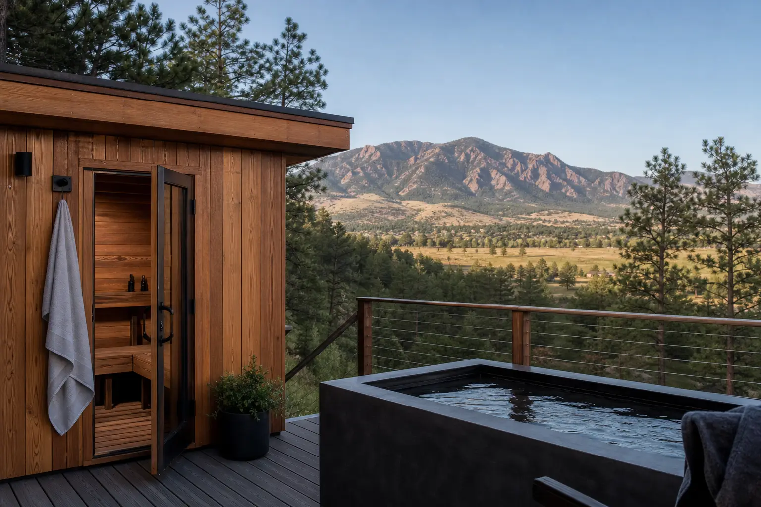 Illustration: a cedar sauna and cold plunge on a sunlit deck with mountain foothills in the background