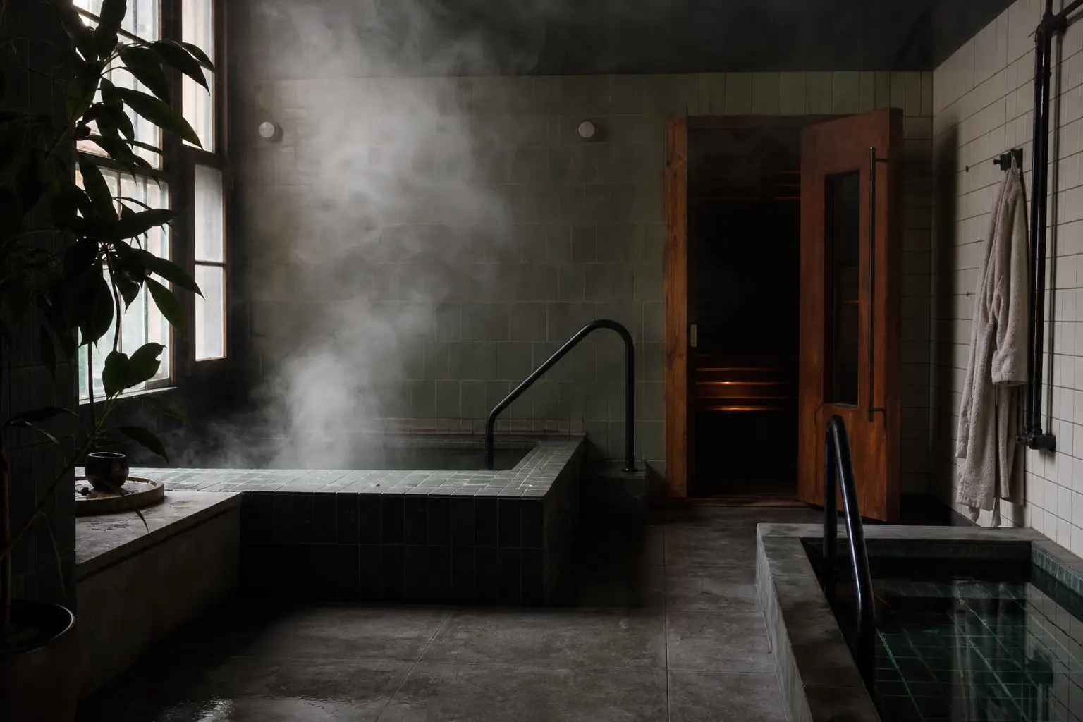 Illustration: steam drifting through a dimly lit tiled bathhouse with a wooden sauna door and a cold plunge