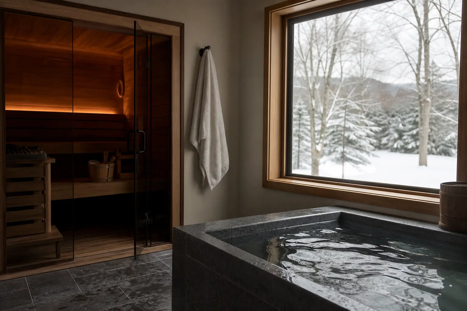 A warm wood-lined sauna next to a cold plunge tub in a calm studio with soft natural light, New England winter visible through a window