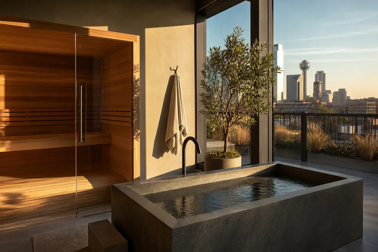 Illustration: a modern recovery studio with a cedar sauna and a cold plunge tub in warm evening light