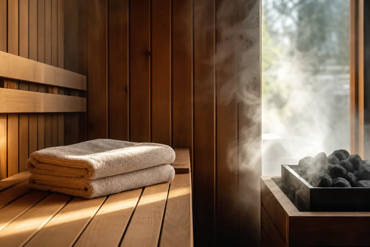 Steam rising in a wood-lined sauna with soft light, towels folded on a cedar bench