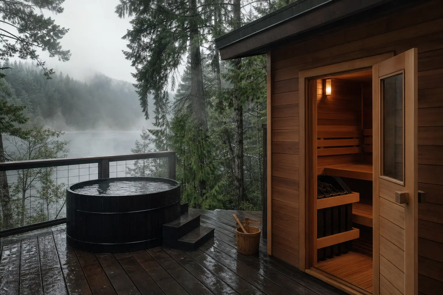 A wood sauna beside a cold plunge tub on a misty Pacific Northwest deck surrounded by evergreens