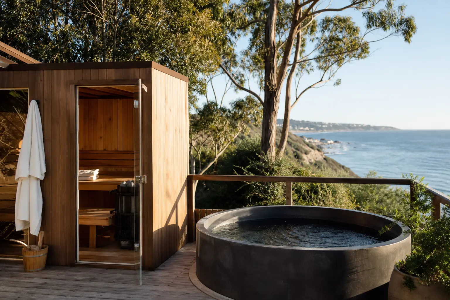 A wood sauna and a cold plunge tub on a sunlit outdoor deck near the California coast