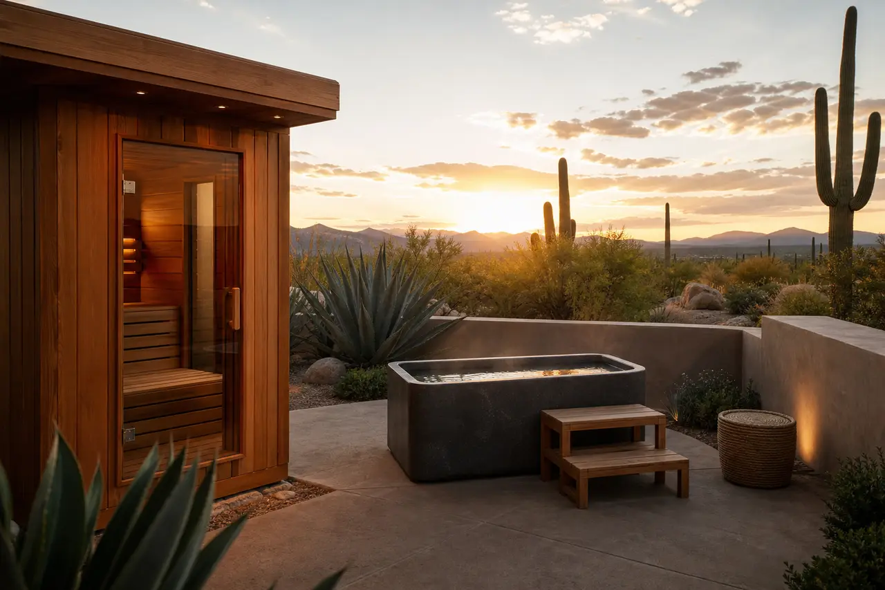 A cedar sauna and cold plunge on a desert resort patio at golden hour with saguaro silhouettes