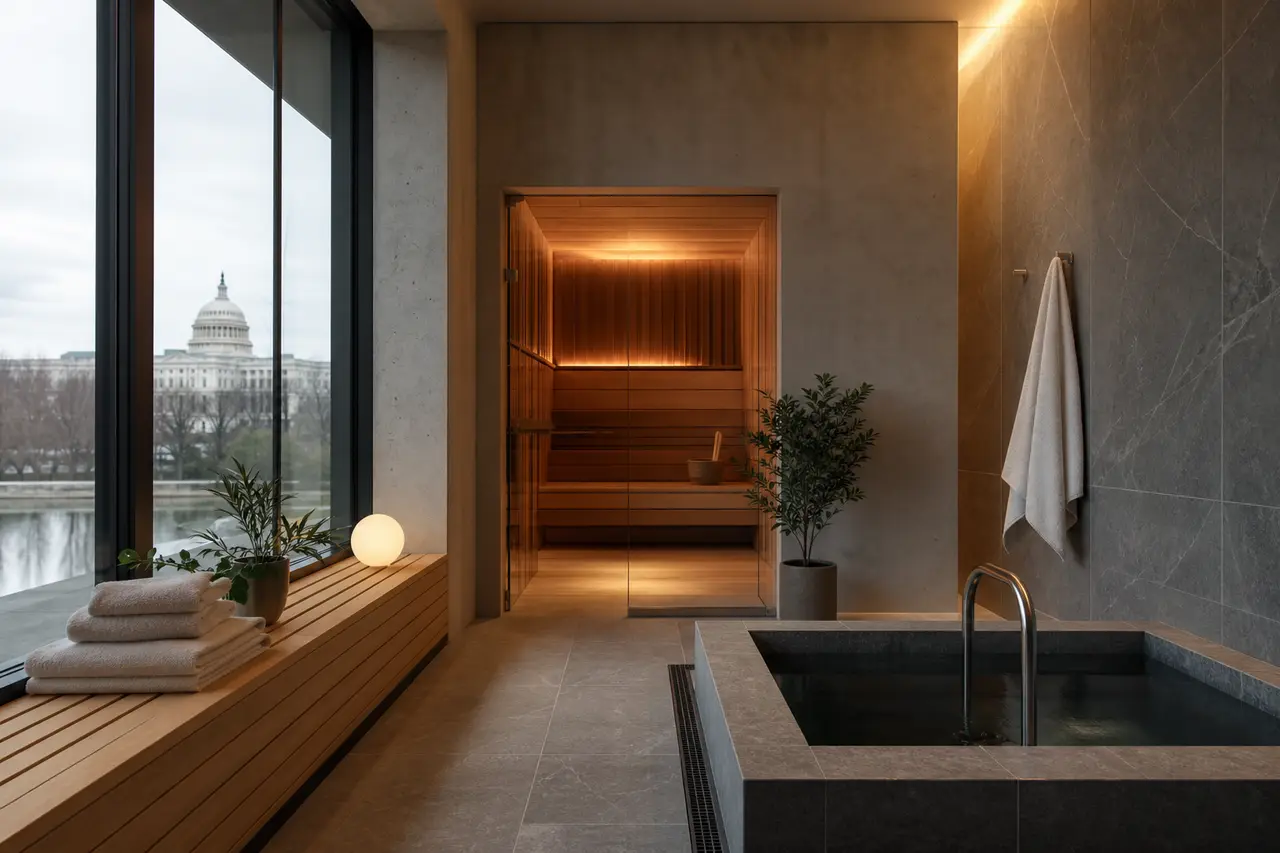 Illustration: a modern sauna room and plunge pool with a window view of the US Capitol