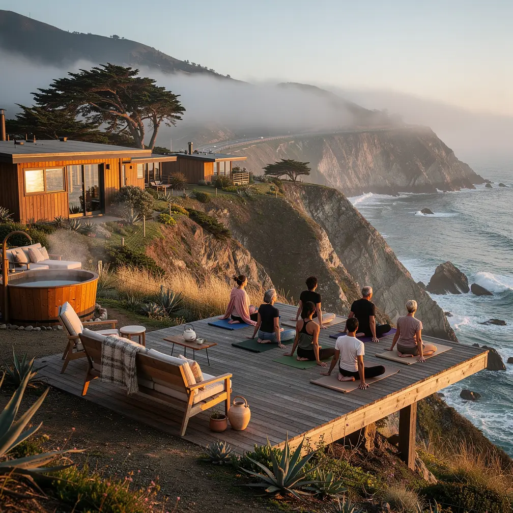 Fog lifting off the cliffs along Highway 1 at sunrise in Big Sur
