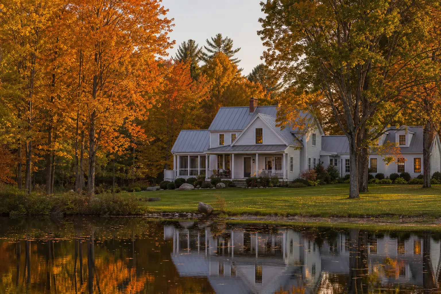 A classic New England farmhouse retreat surrounded by autumn maples with a still pond at golden hour