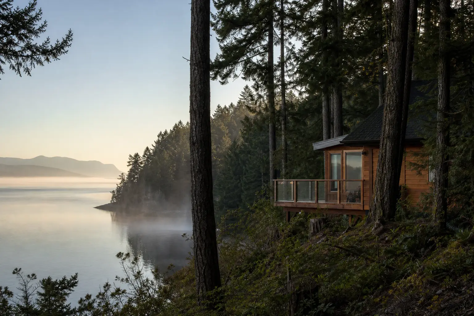 A wooden retreat cabin among tall evergreen trees with morning mist over a quiet Pacific Northwest inlet
