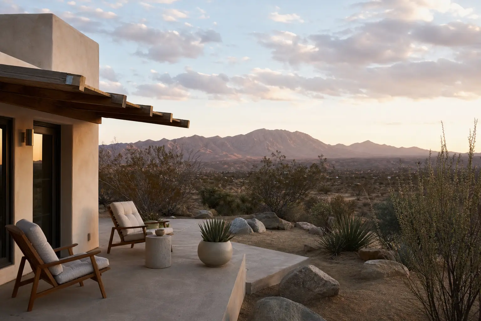 A calm desert retreat casita at golden hour with mountains and open sky in Southern California