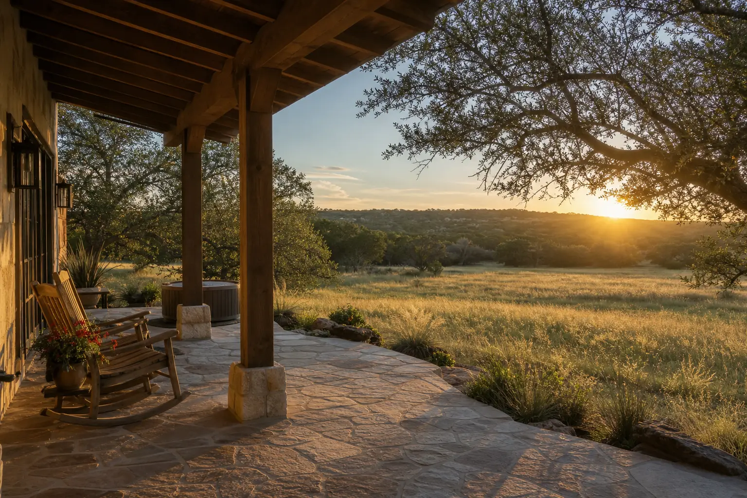 A quiet ranch-style retreat porch overlooking Texas Hill Country meadows and oak trees at golden hour