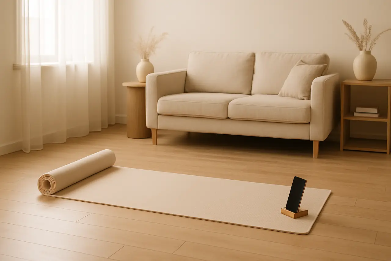 A yoga mat unrolled in a bright living room with a phone propped on a small stand