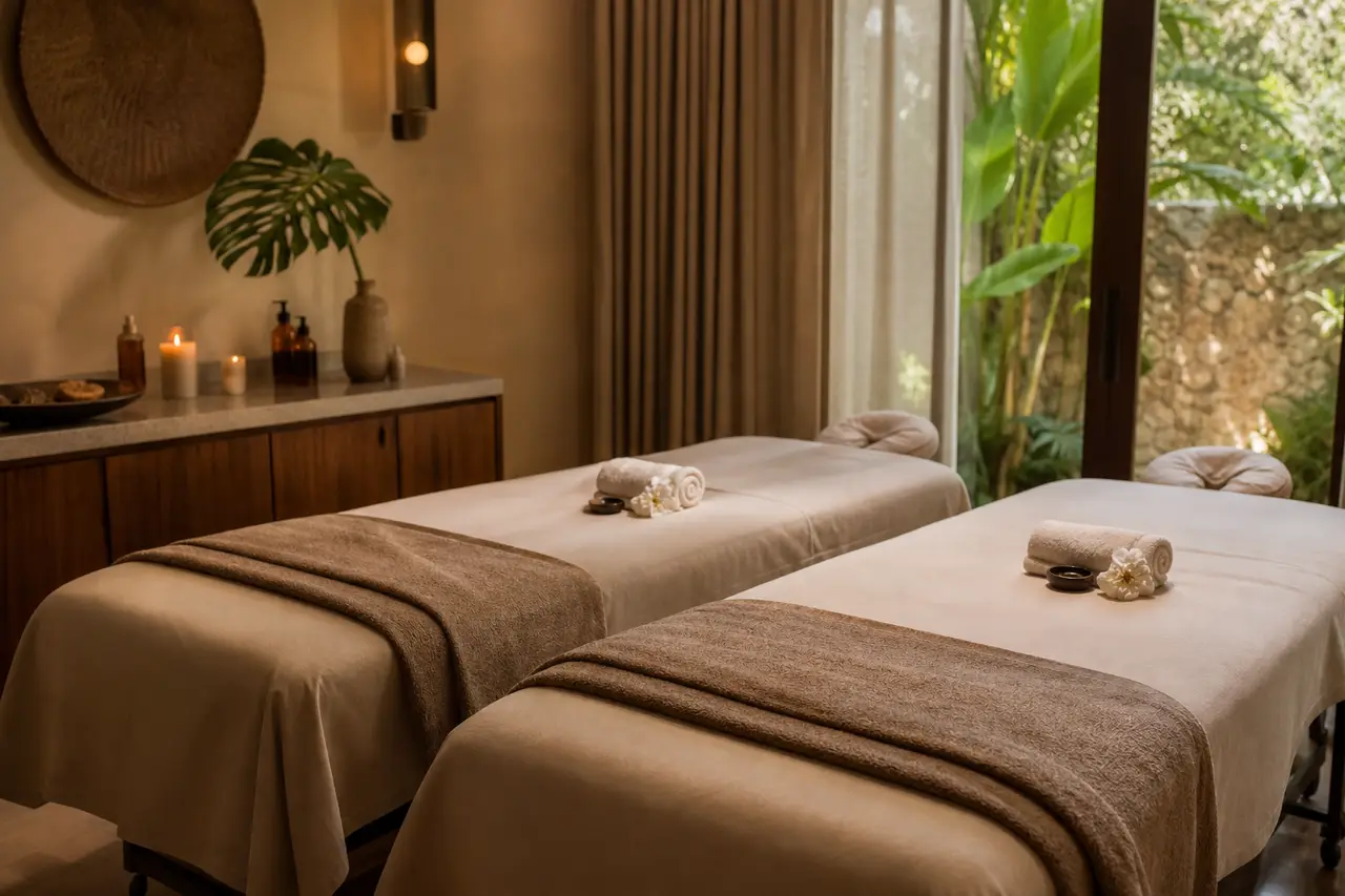Two massage tables side by side in a warmly lit treatment room with folded towels