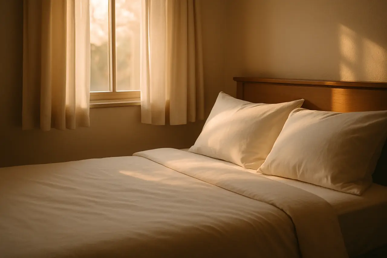 A made bed with soft white pillows in soft morning light