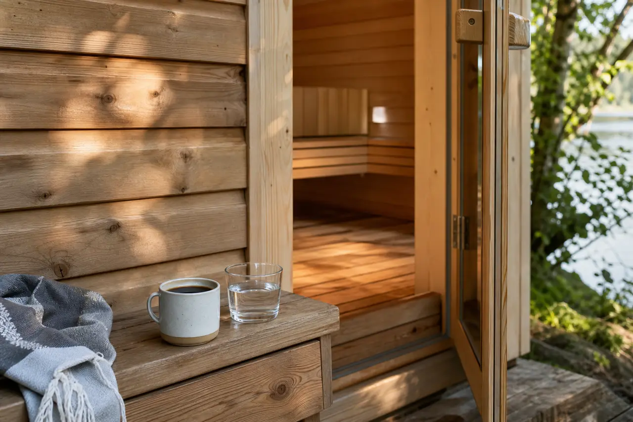 A mug of black coffee and a glass of water on a wooden bench beside an open cedar sauna door by a lake