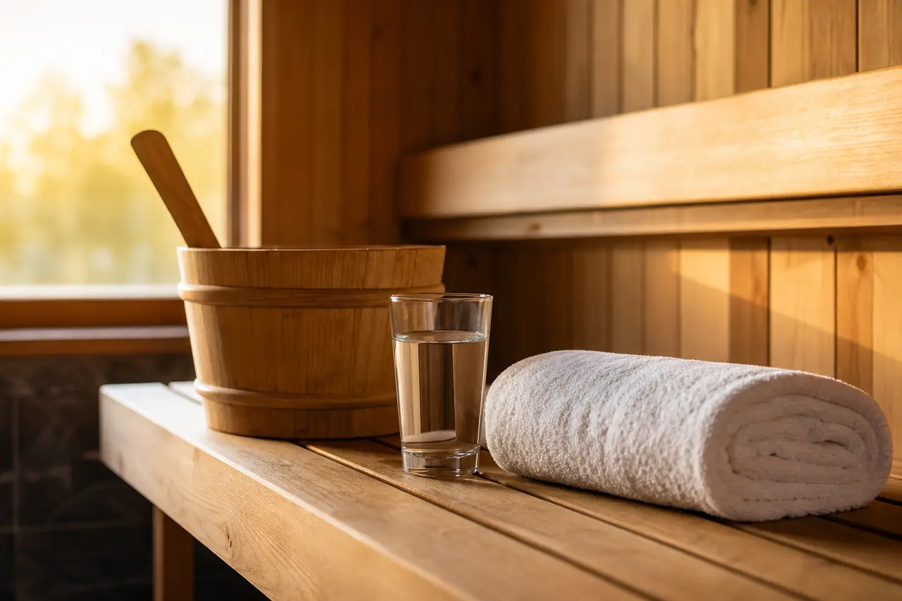 A wooden sauna bench with a rolled white towel, a glass of water and a wooden bucket and ladle in warm light