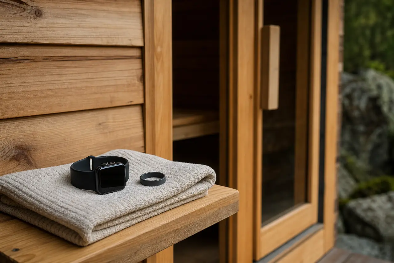 A smartwatch and a dark ring resting on a folded towel on a wooden shelf beside a sauna door