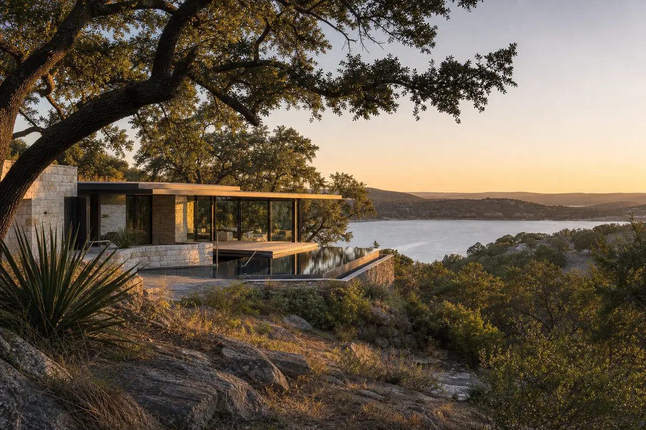 Illustration, not the resort itself: a limestone and glass building with a pool above a lake among Hill Country oaks at sunset