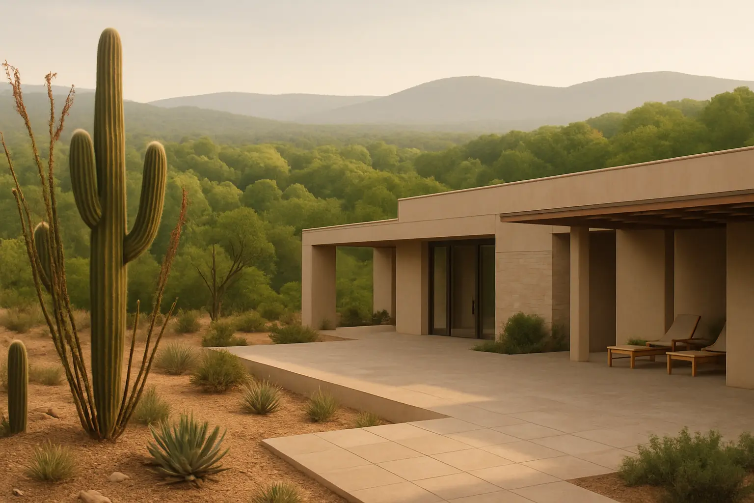 A Sonoran desert terrace in the foreground with green New England hardwood forest behind
