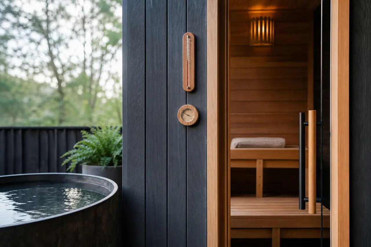A wall thermometer and timer beside a cedar sauna door and a cold plunge tub