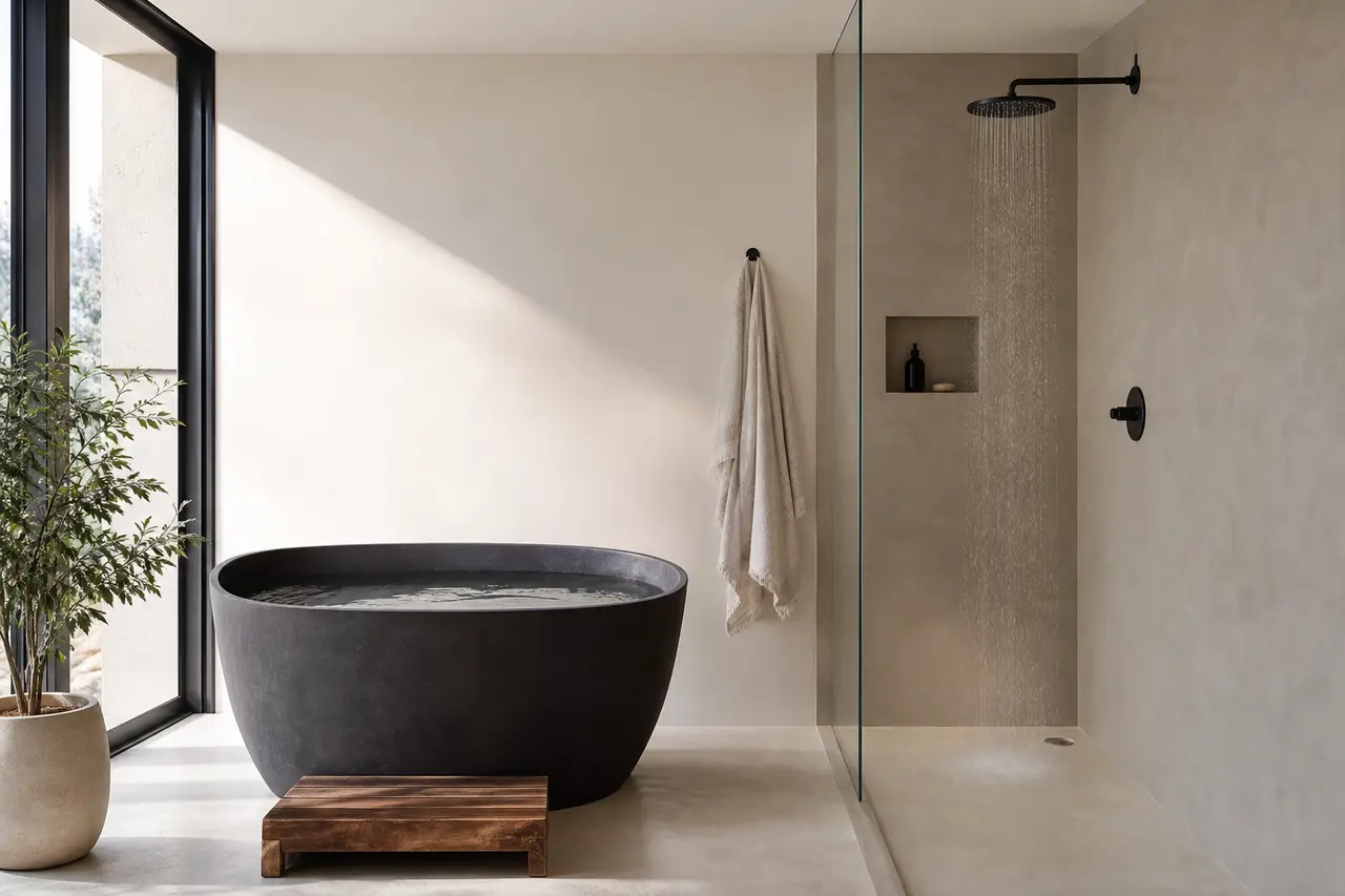 A cold plunge tub beside a simple shower in a bright minimal bathroom
