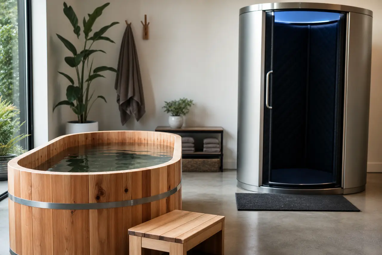 A cedar cold plunge tub with clear water beside a modern cryotherapy chamber in a recovery studio
