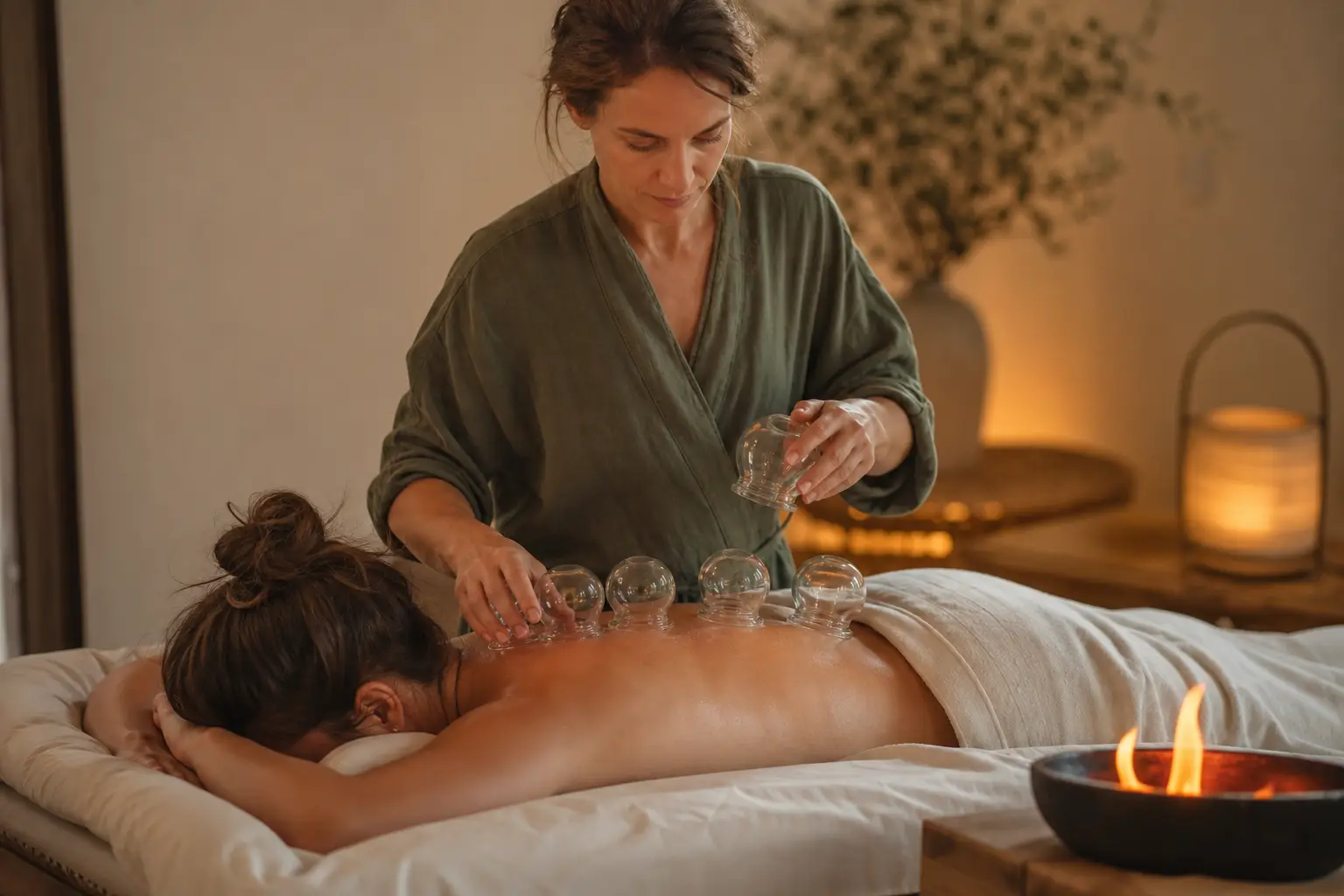 A practitioner placing glass suction cups on a client's back in a softly lit treatment room with warm amber lighting, white linens, and a bowl of flame beside the massage table