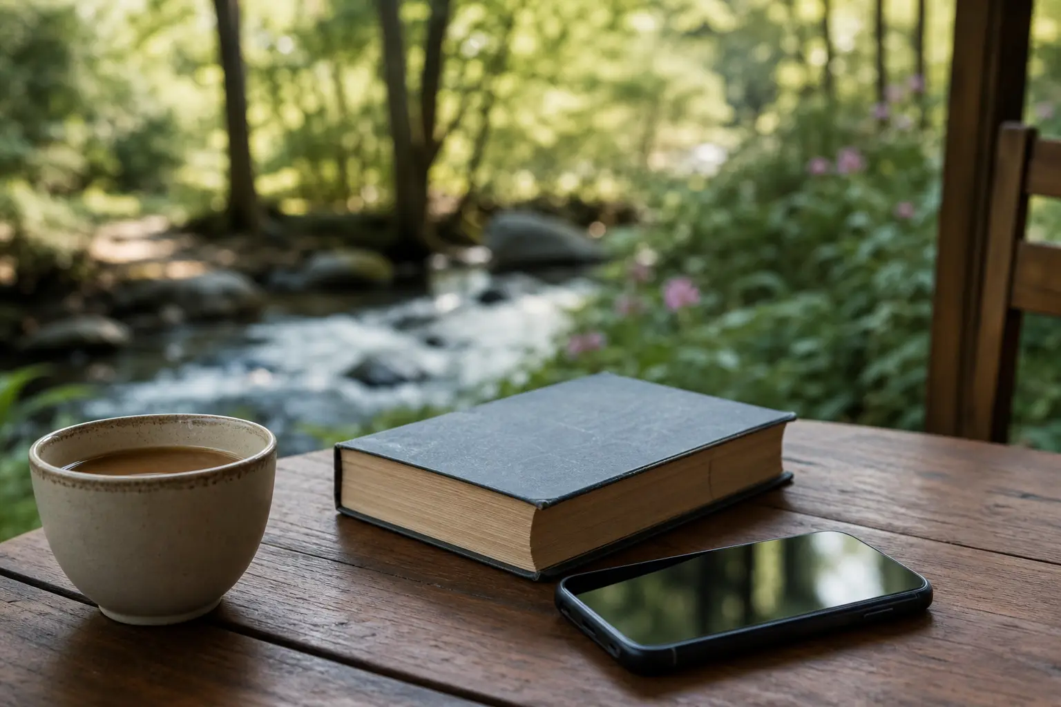 A phone set aside on a wooden table next to a book and tea, with calm nature blurred in the background