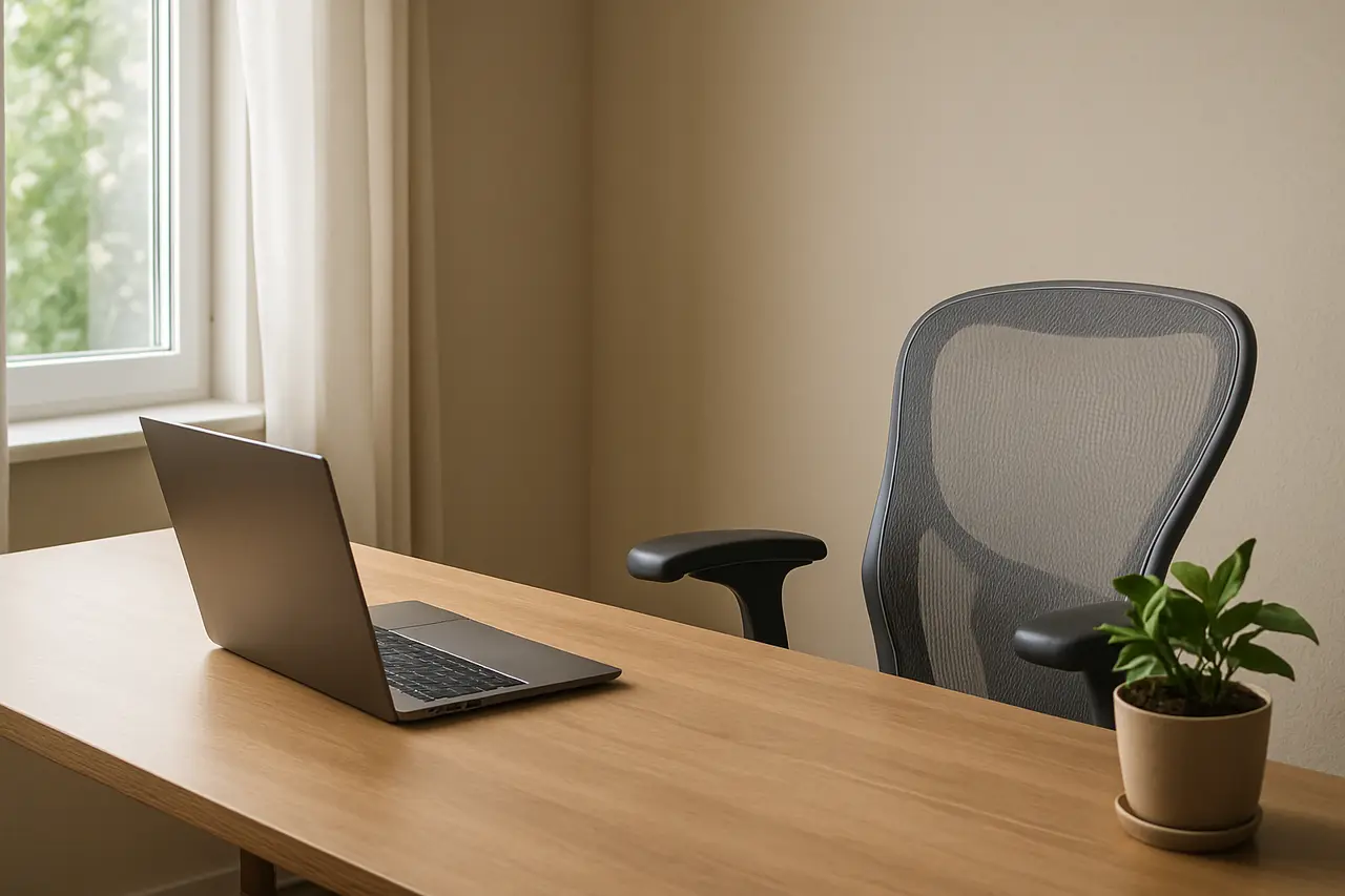 A tidy home desk setup in daylight with an empty chair, keyboard, and a small plant