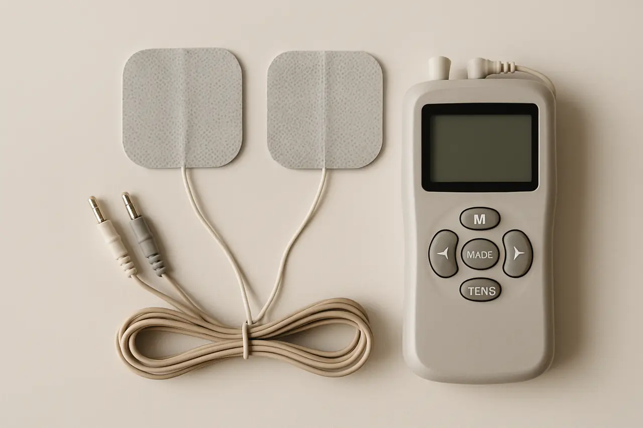 A small handheld electrotherapy device with two electrode pads and lead wires laid out on a plain surface
