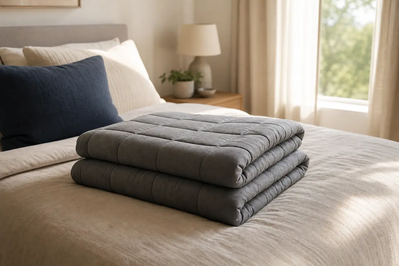 A neatly folded chunky weighted blanket on a made bed in soft morning light