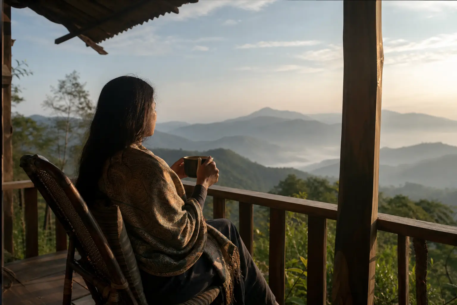 A person sitting quietly on a porch at dawn with a cup of tea, calm natural light, looking out at hills
