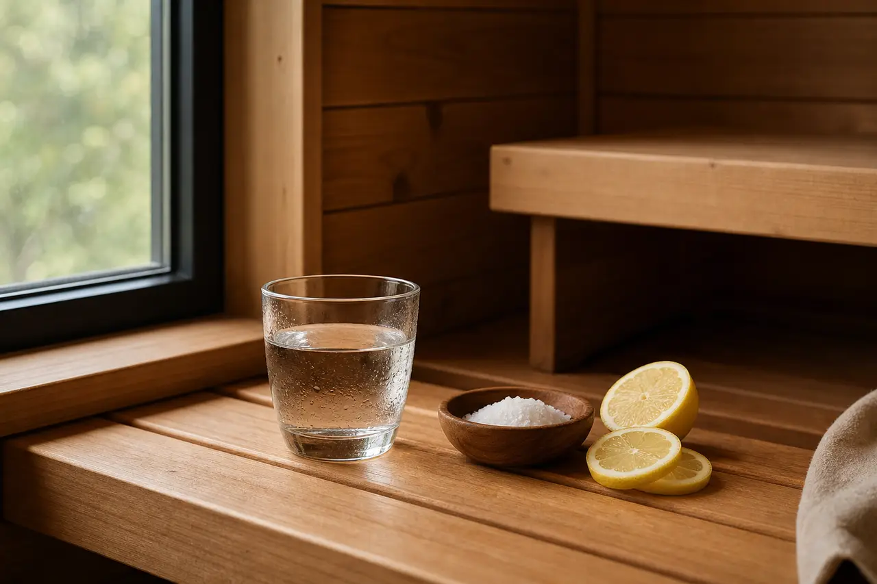 A glass of water, a small wooden dish of salt and lemon slices on a cedar sauna bench by a window