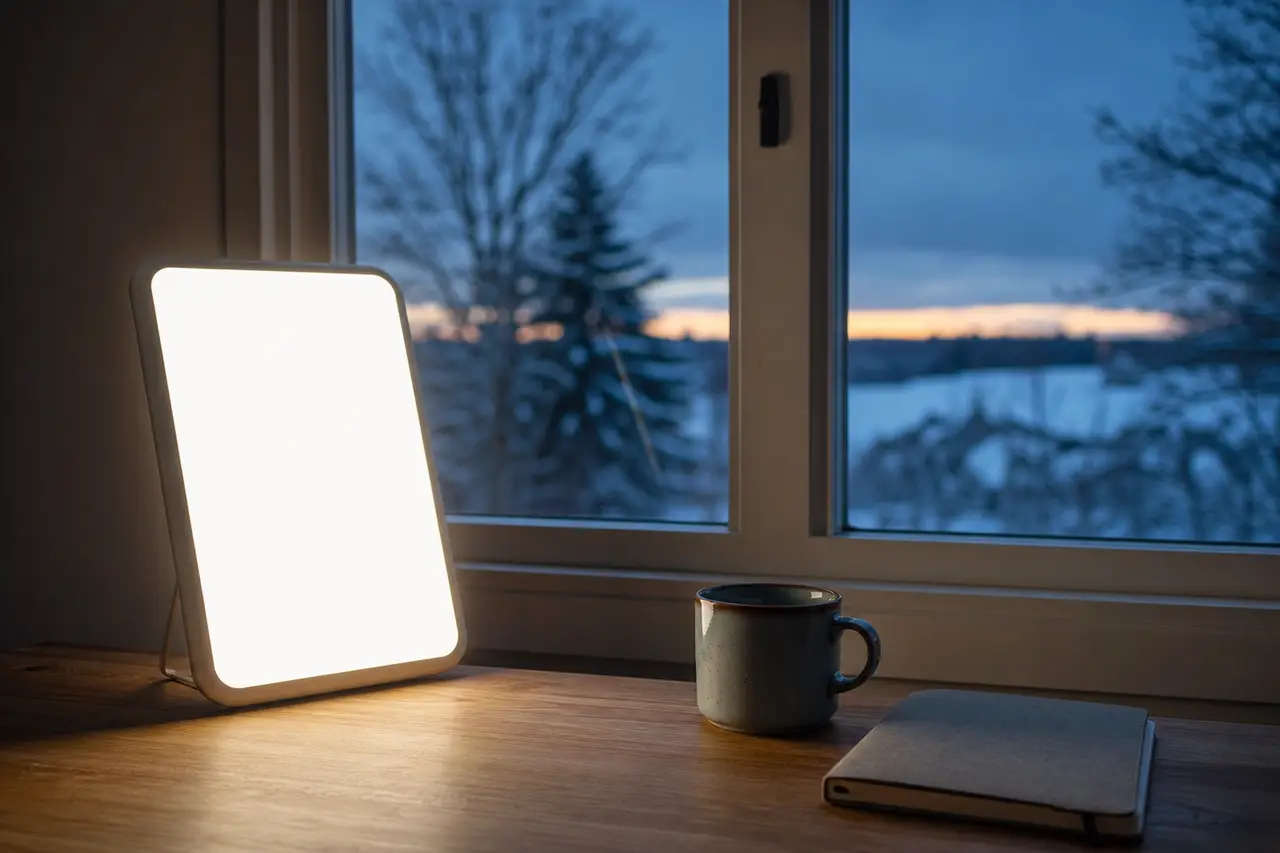 A white light therapy lamp glowing on a wooden desk beside a window on a dark winter morning, with a mug and a notebook