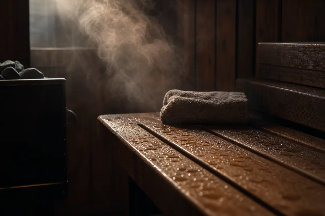 Steam rising in soft light against dark sauna wood, with water droplets on a bench