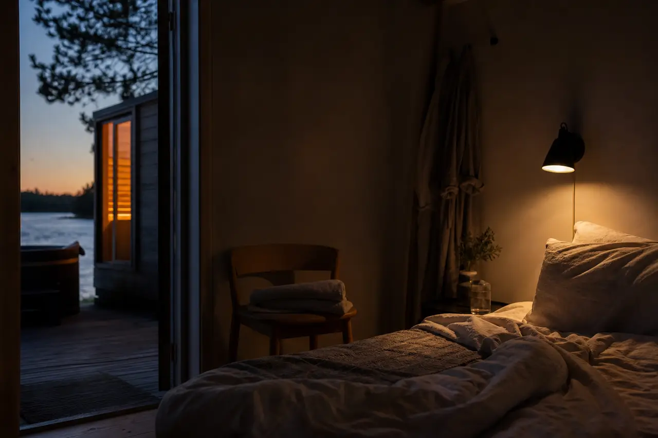 A dim, calm bedroom at dusk with soft lamplight and a folded towel on a chair, warm and quiet