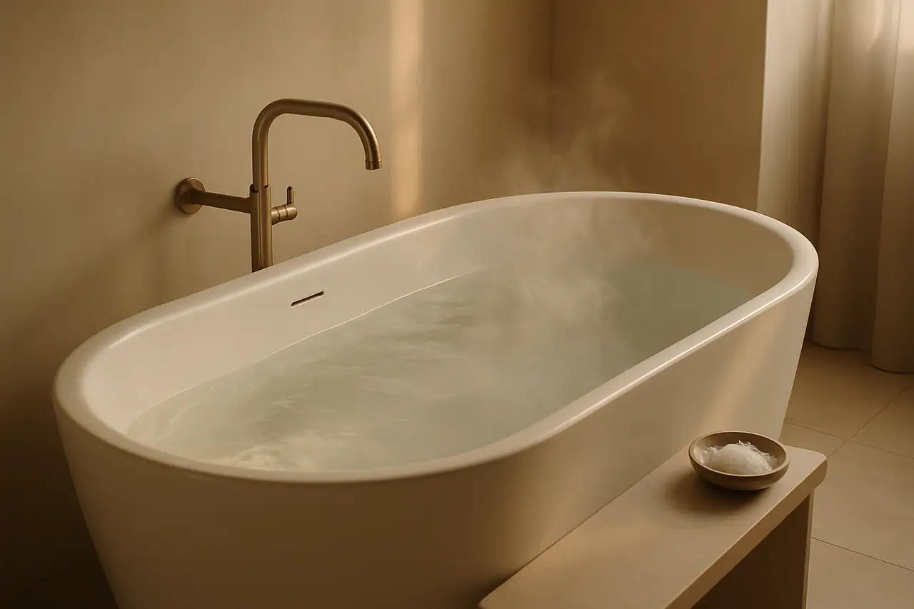 A warm bath in soft evening light with steam rising from the water
