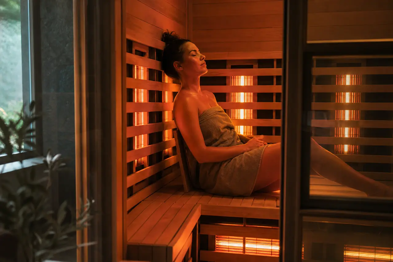 The warm glowing interior of an infrared sauna cabin with wooden benches
