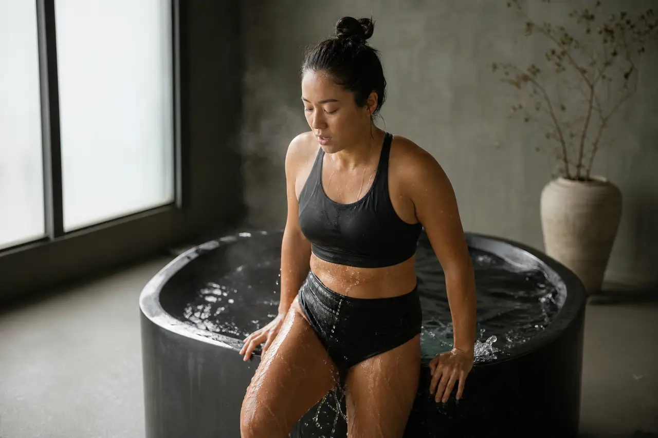 A person stepping out of a cold plunge tub in a calm studio, breath visible in cool air