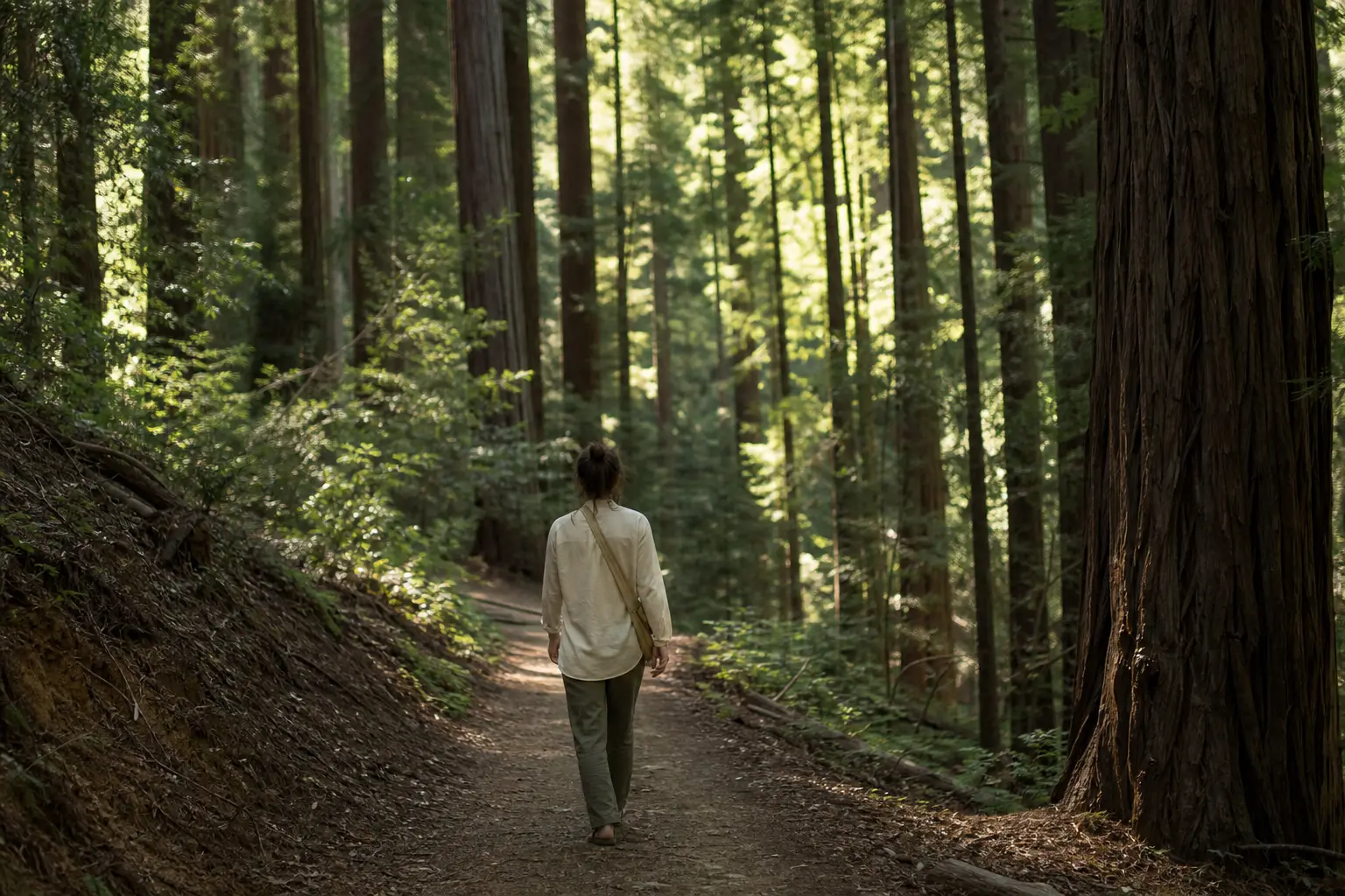 A person walking slowly through a quiet sunlit forest, dappled light through tall trees, calm and unhurried