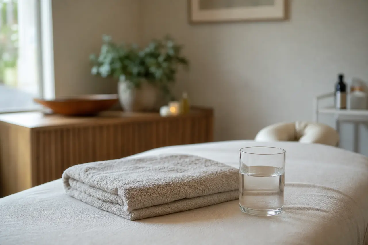 A folded towel and a glass of water on a massage table in a quiet treatment room