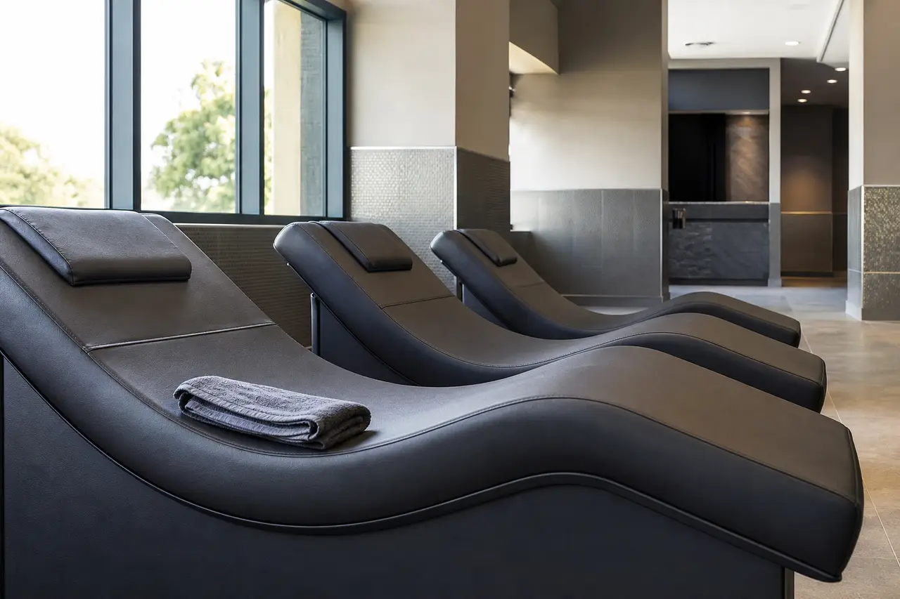 A row of padded loungers in a bright, empty gym recovery area with a folded towel on one seat