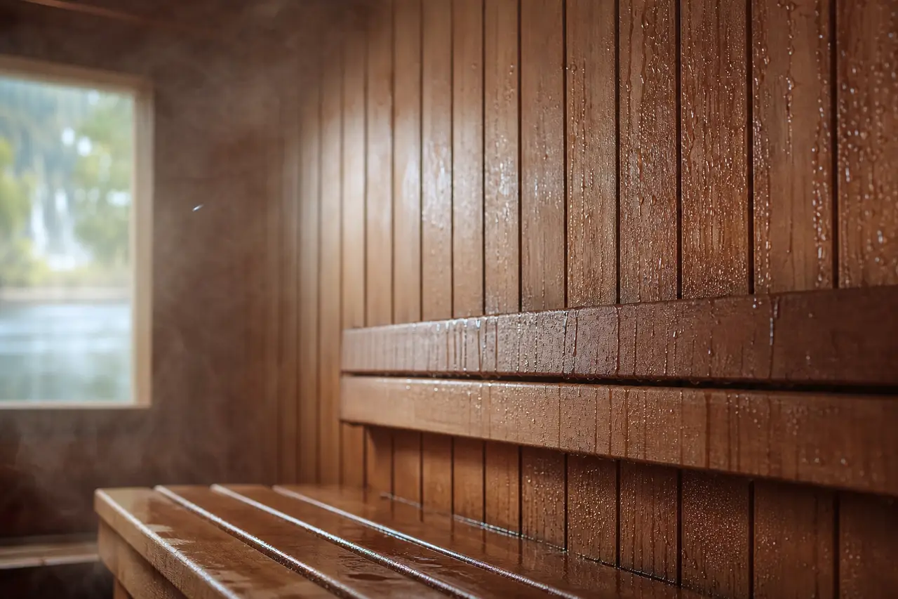 Condensation and water droplets running down the wooden wall of a hot sauna